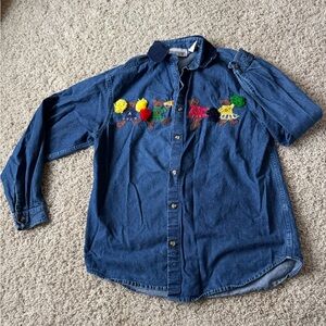 Denim Button-Up Shirt with Colorful Embroidery